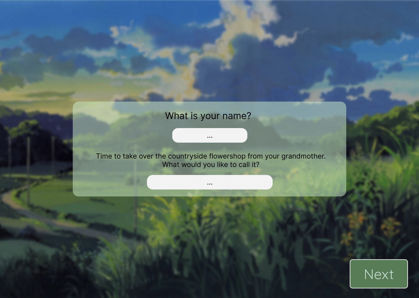New game screen, wireframe